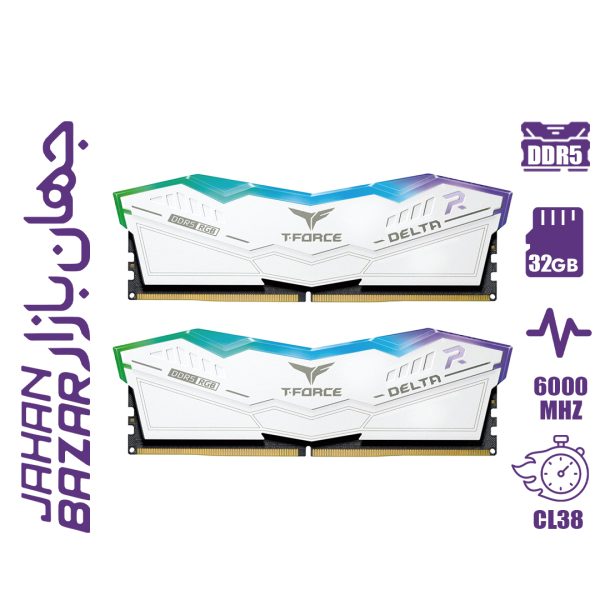 رم کامپیوتر تیم گروپ TeamGroup T-Force DELTA RGB DDR5 32GB Dual 6000MHz CL38 White