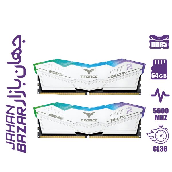رم کامپیوتر تیم گروپ TeamGroup T-Force DELTA RGB DDR5 64GB Dual 5600MHz CL36 White