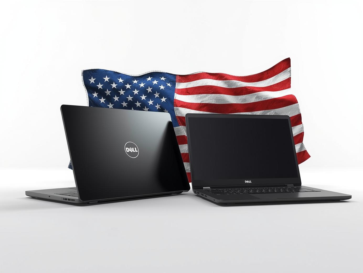 عکس لپ تاپ های dell و hp درکنار هم با پس زمینه سفید _پرچم آمریکا هم داخلش باشه _جذاب و مدرن باشه